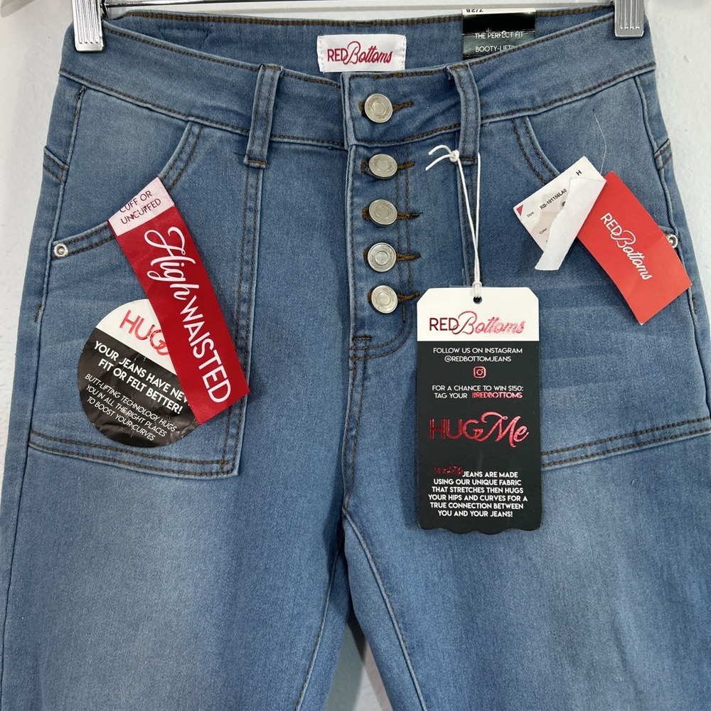 Red Bottoms Skinny Jeans Women 7/28 Blue Denim Button Fly Booty Lift Y2K Stretch - Picture 2 of 7